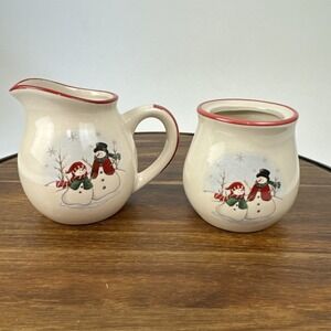 Royal Seasons Snowman Creamer and Sugar Bowl Set Holiday‎ Stoneware Cream Red